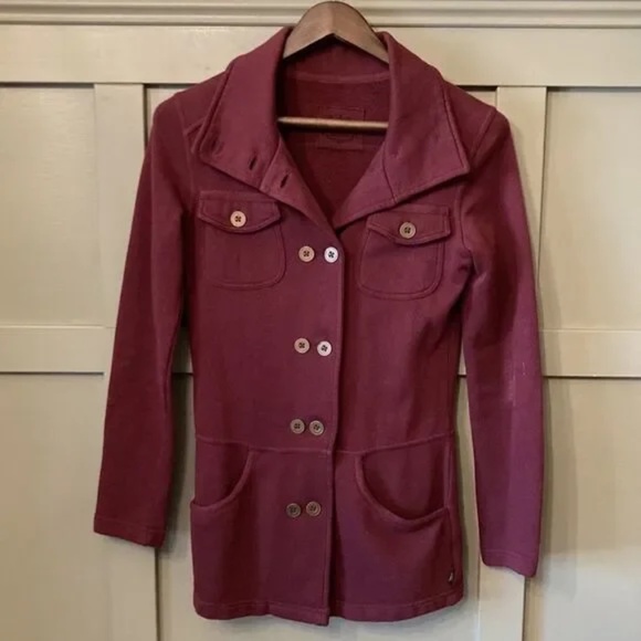 Prana Burgundy Button Down Military Style Sweater Coat 100% Cotton Size XS - Picture 1 of 7